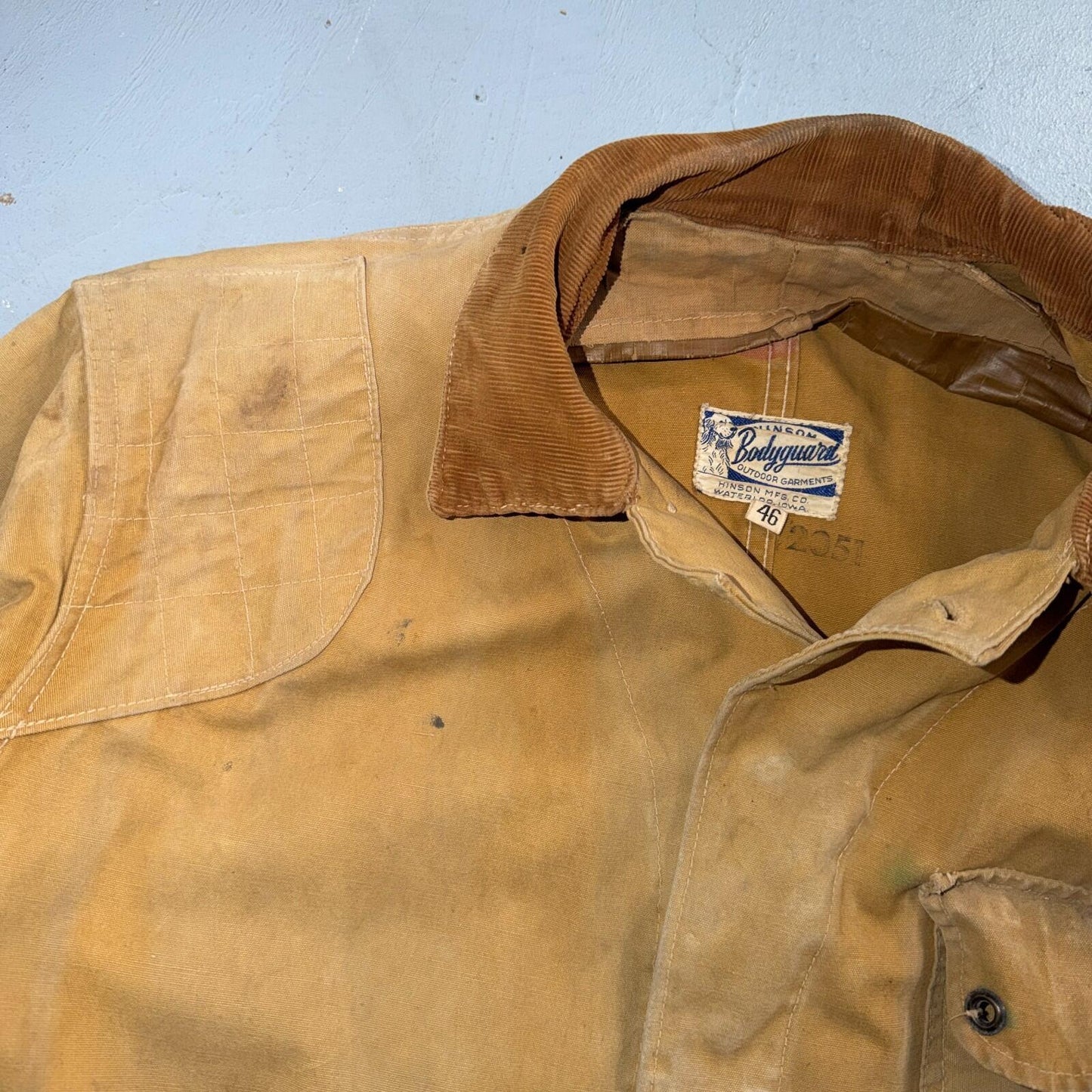 Hinson Bodyguard Men’s Vtg 1940s Hunting Jacket Coat USA Corduroy Trim Brown 46