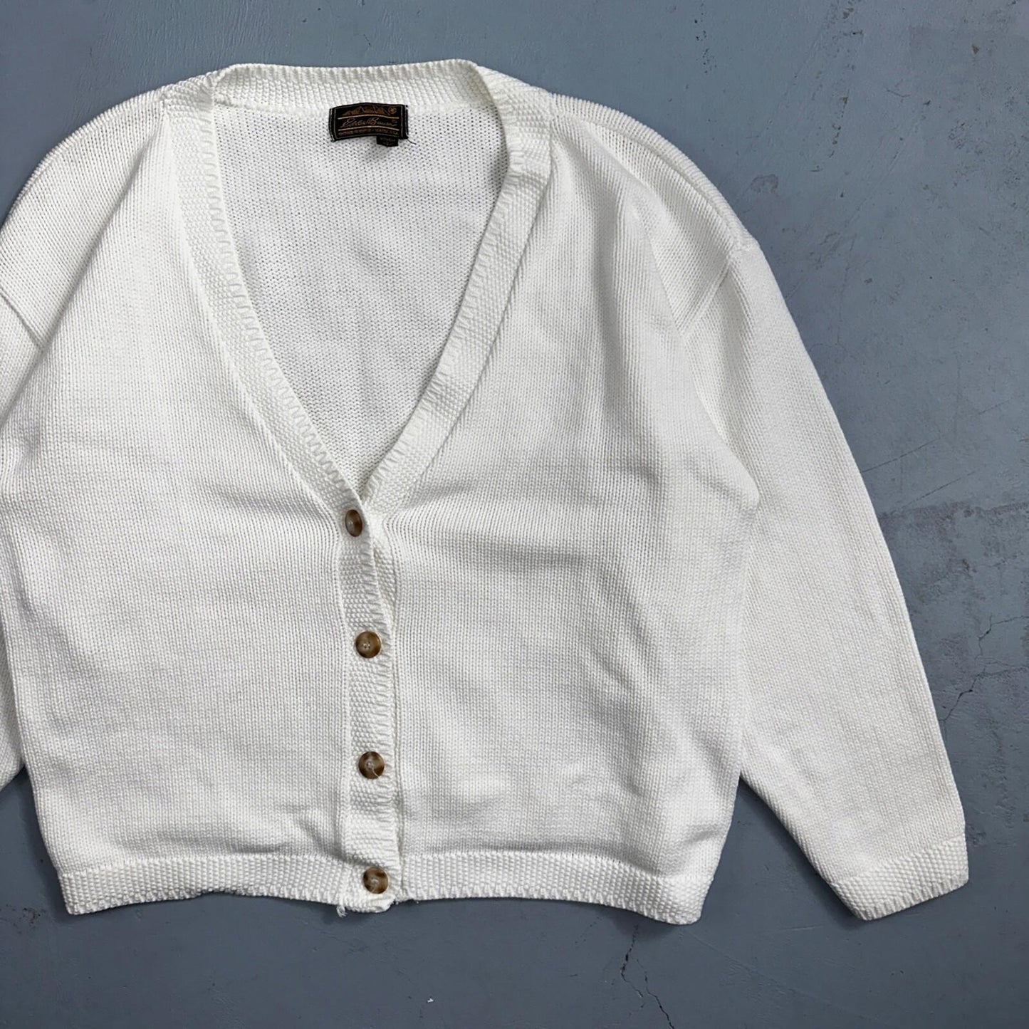 Vintage Eddie Bauer Sweater Cardigan Womens L Fair Isle Cotton White Basic