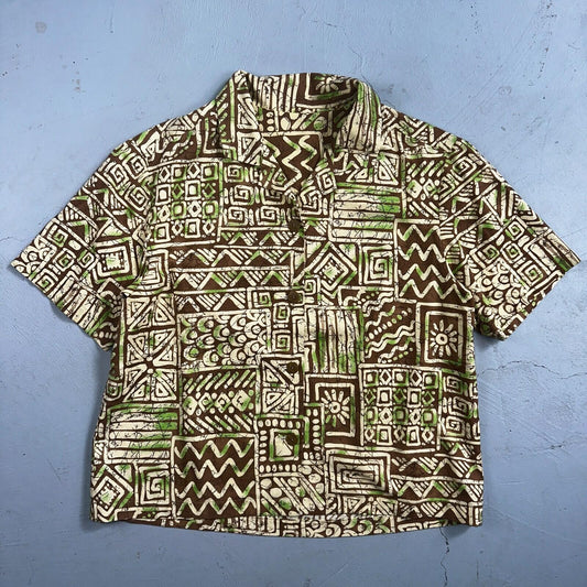 1950s Cotton Hawaiian Green Short Sleeve Button Down Shirt Rockabilly 50s Boxy