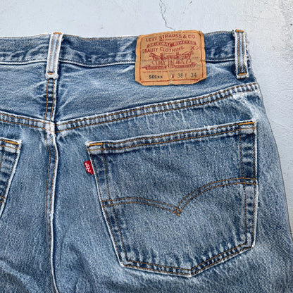 Levis 501 Vintage 90s USA XX Straight Leg Jeans Blue Light Wash 38x34 Act 34x29