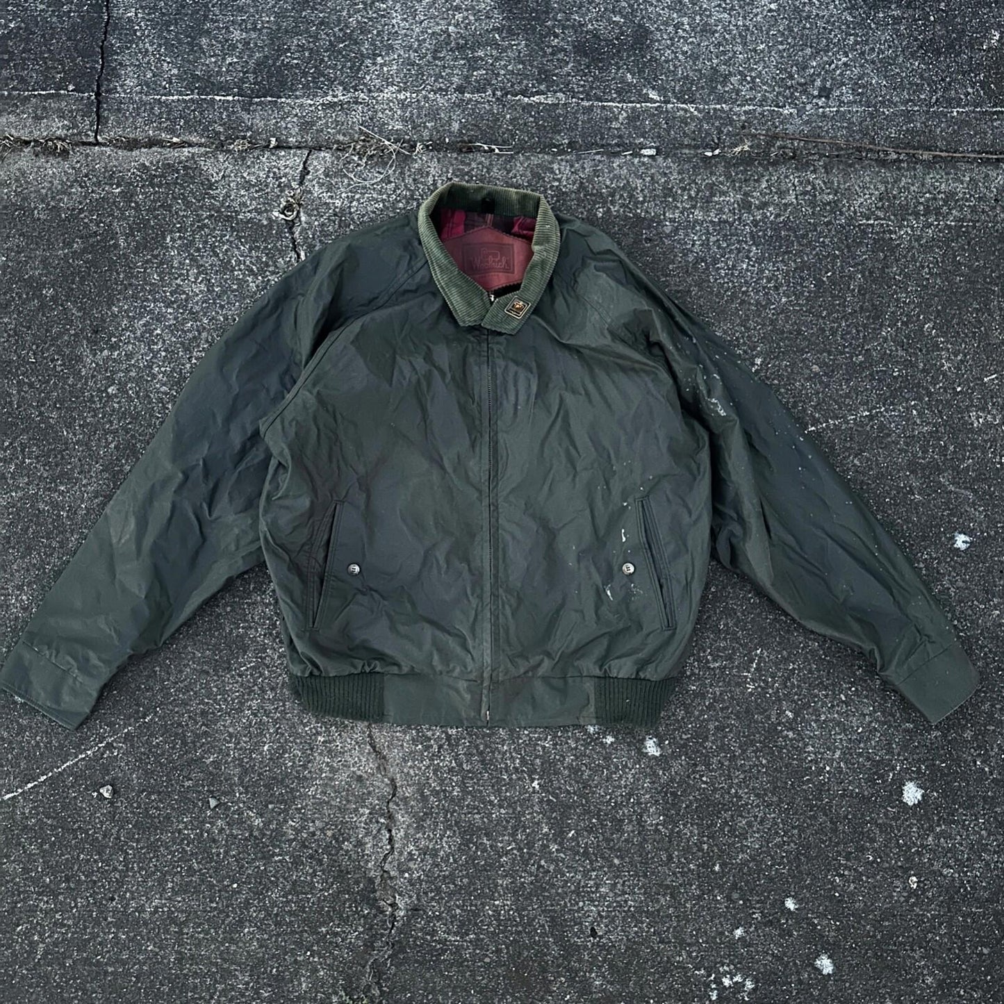 Vintage Woolrich Bomber Jacket Green USA Stained 90s Red Lining USED HEAVY