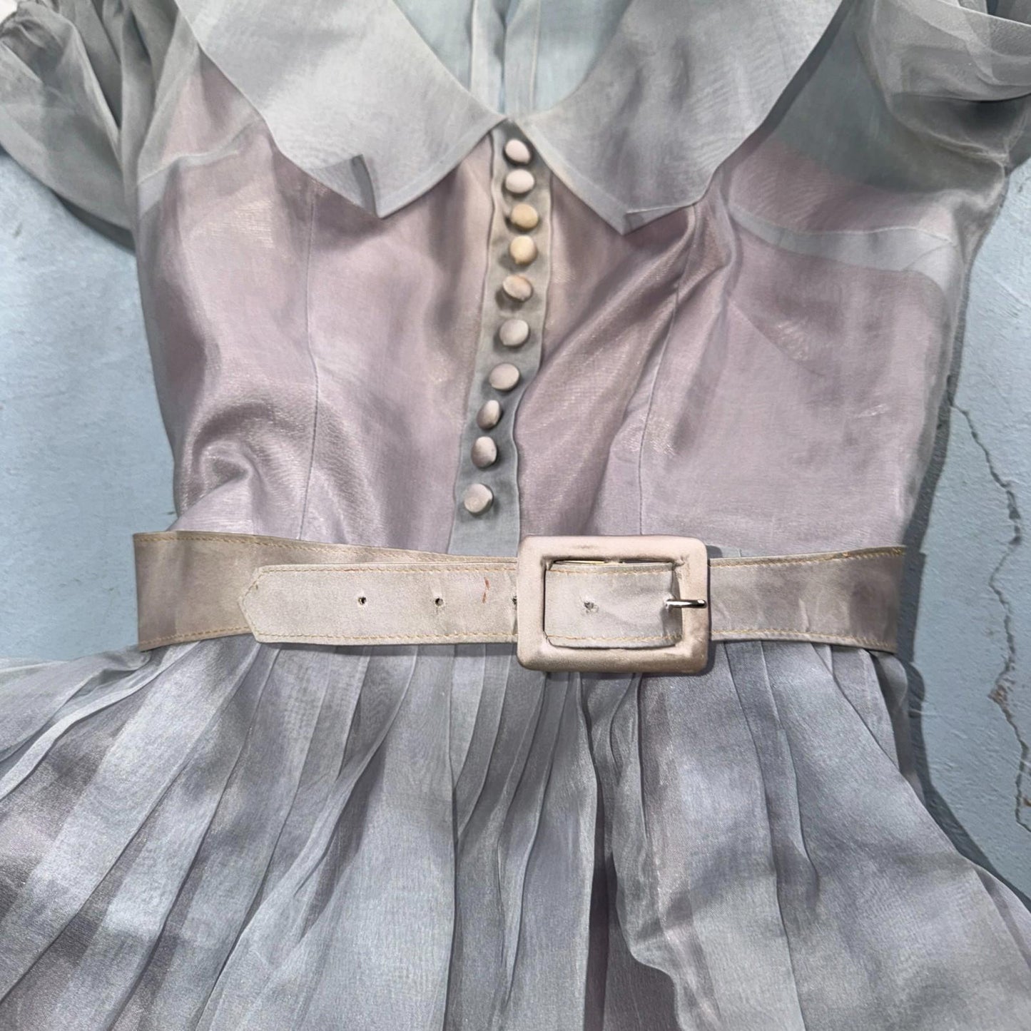 VTG 1950s Sheer Organza Dress Mauve Gray Full Skirt Union Made Party 50s Belted