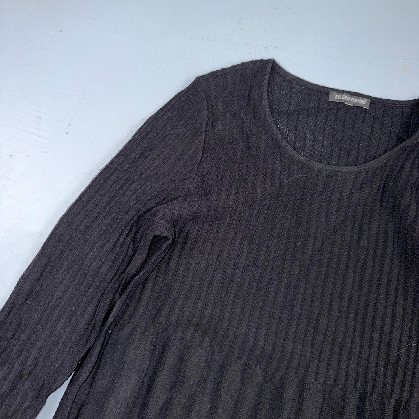 Eileen Fisher Wool Knit Ribbed and Pleated Black Shift Dress Cute Classy