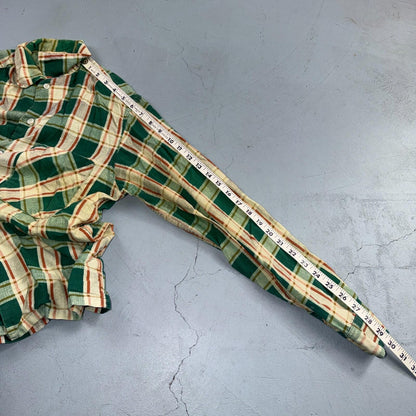 VTG 60s Penneys Towncraft Button Green Cotton Shirt Plaid Rockabilly Distressed