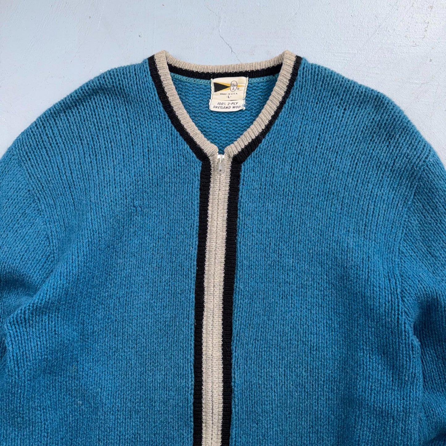 VTG Allen A 100% 2-Ply Shetland Wool Cardigan Sweater Rockabilly 60s 1960s Zip
