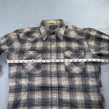 Pendleton VTG 100% Virgin Wool Western Plaid Shirt Pearl Snap Gray High Grade