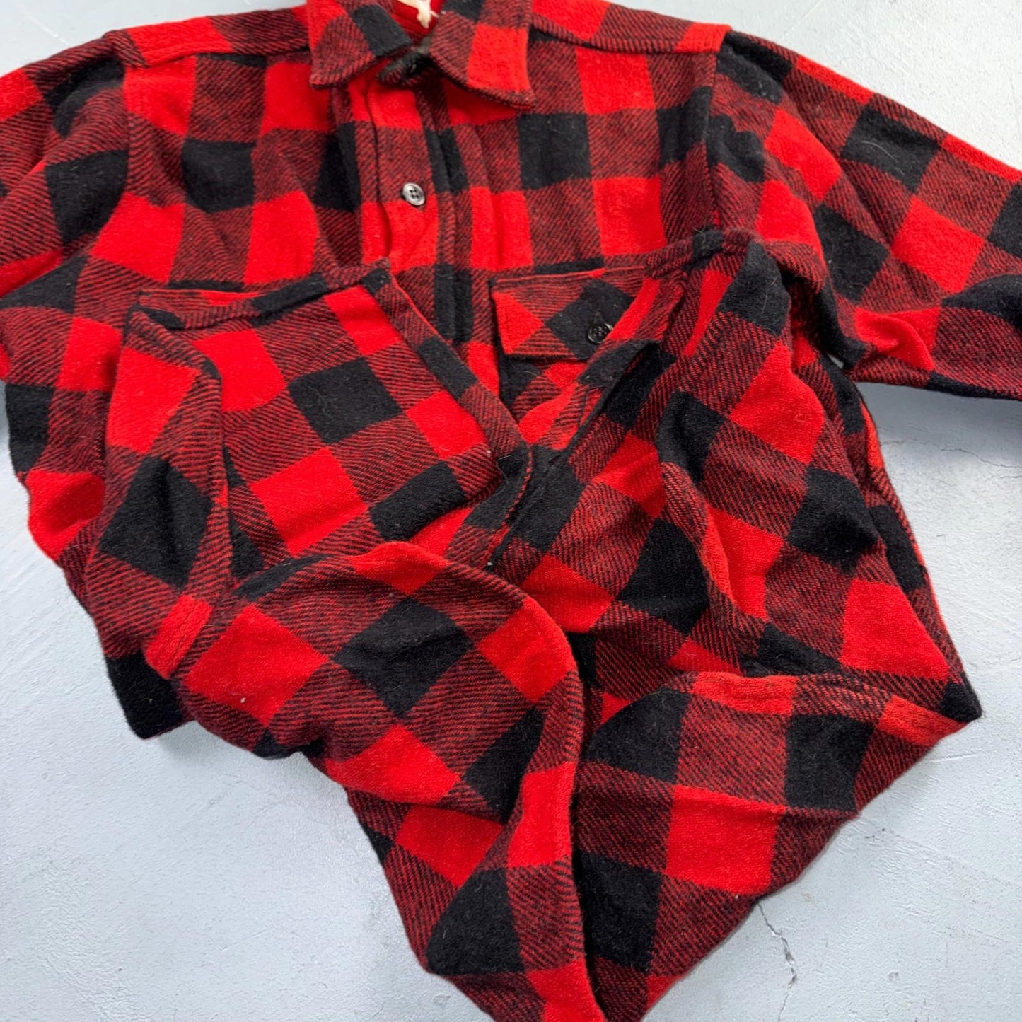 VTG 1940s Penneys Jacket Red Black Wool Buffalo Plaid 40s 50s Flannel Shirt Wool