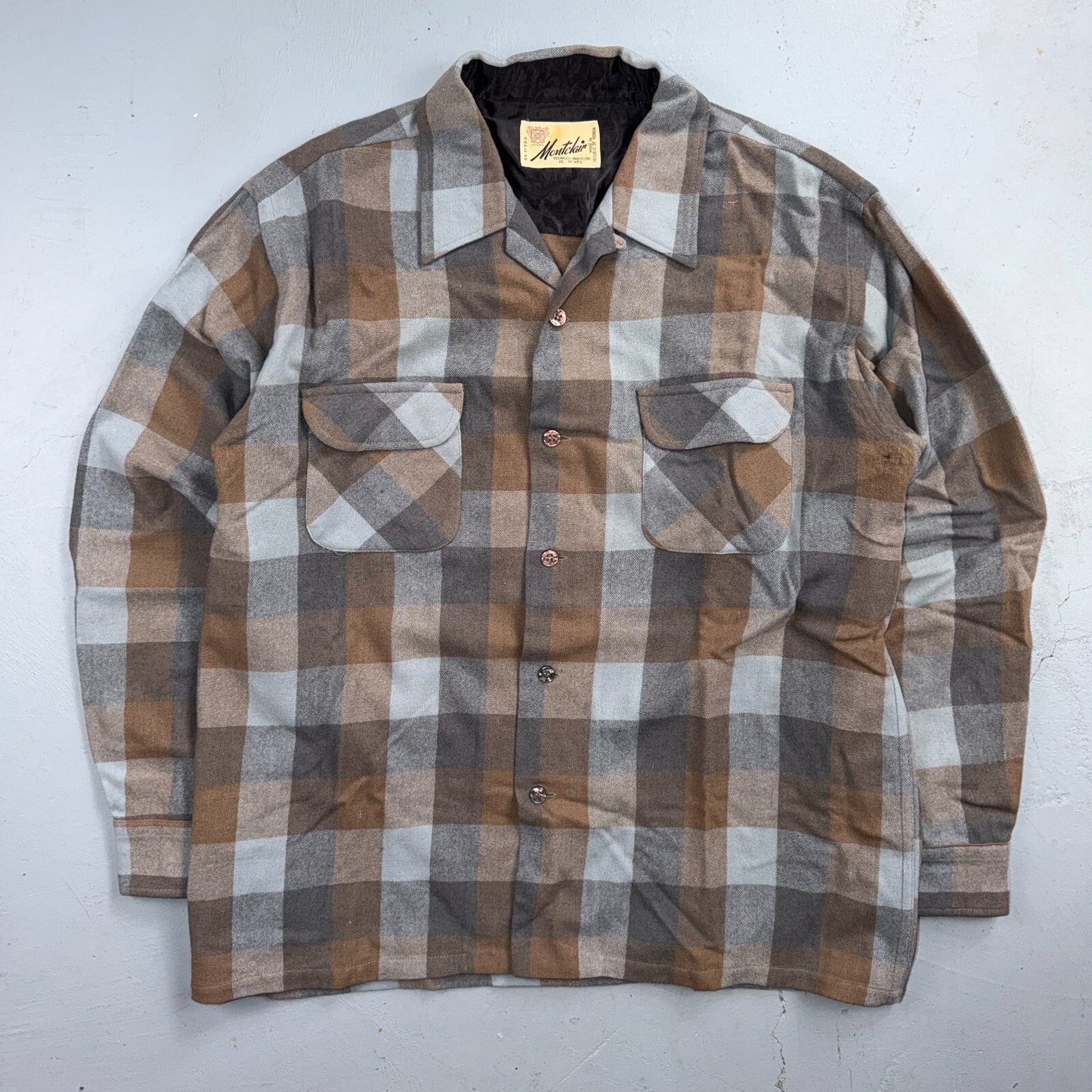 VTG 60s Montclair Brown Gray Plaid Wool Shirt Loop Collar USA Rockabilly Board