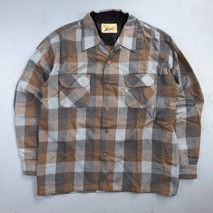 VTG 60s Montclair Brown Gray Plaid Wool Shirt Loop Collar USA Rockabilly Board