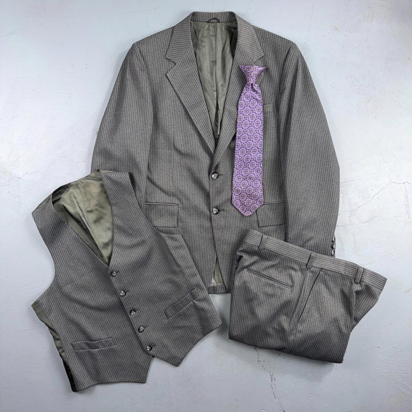 1960s 1970s VTG Mens 3 PC Suit 40 Jacket Coat Pants Gray Union Wool Rockabilly