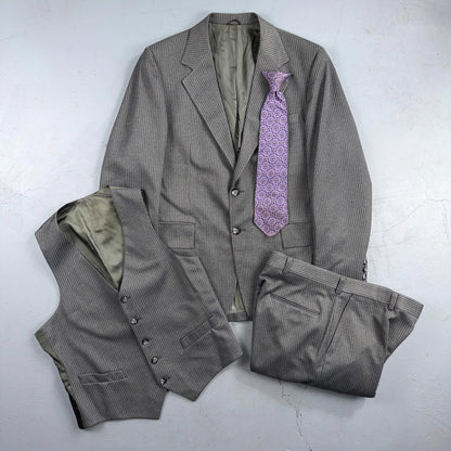 1960s 1970s VTG Mens 3 PC Suit 40 Jacket Coat Pants Gray Union Wool Rockabilly