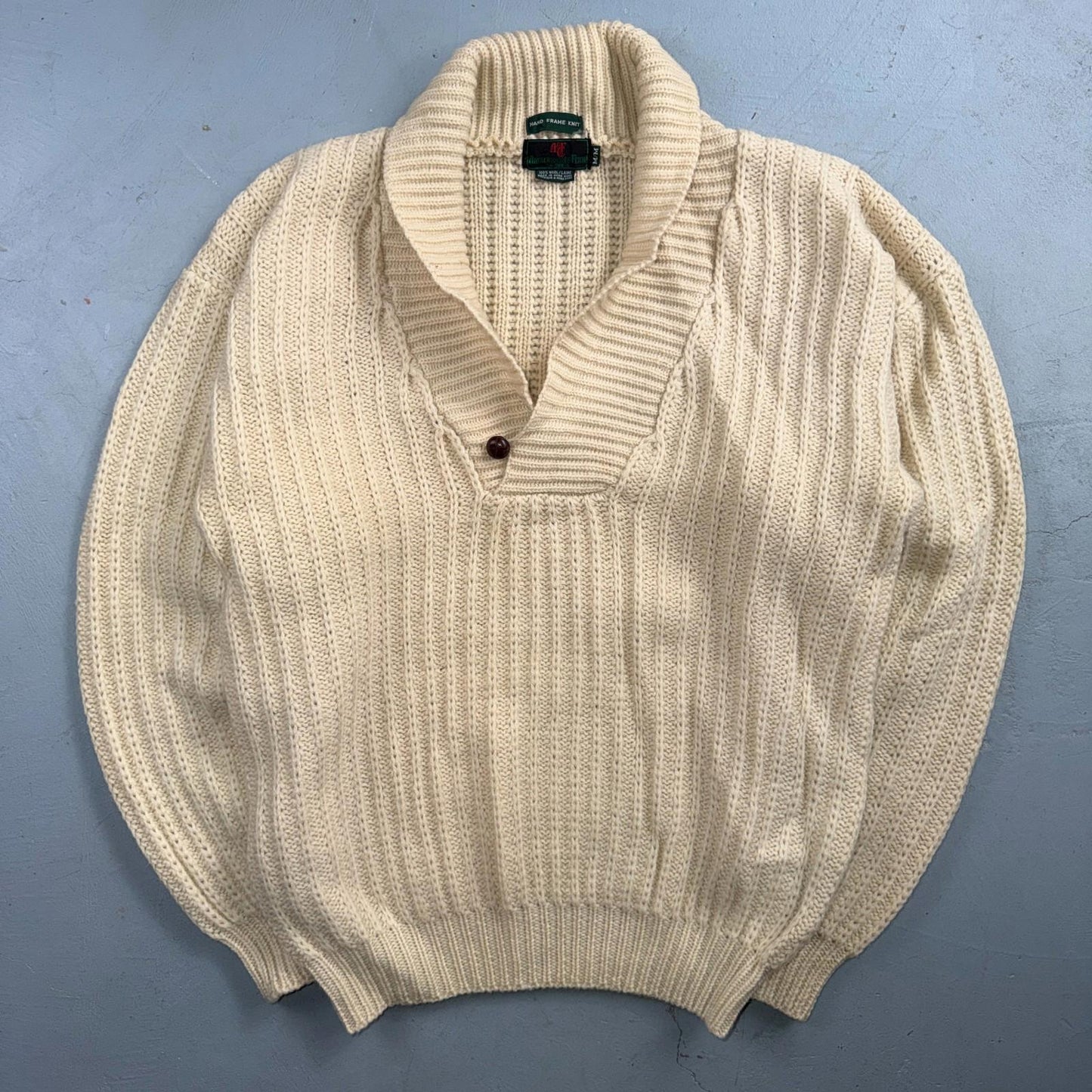 VTG Abercrombie & Fitch Heavy Wool Shawl Sweater Oatmeal Beige Fisherman 70s