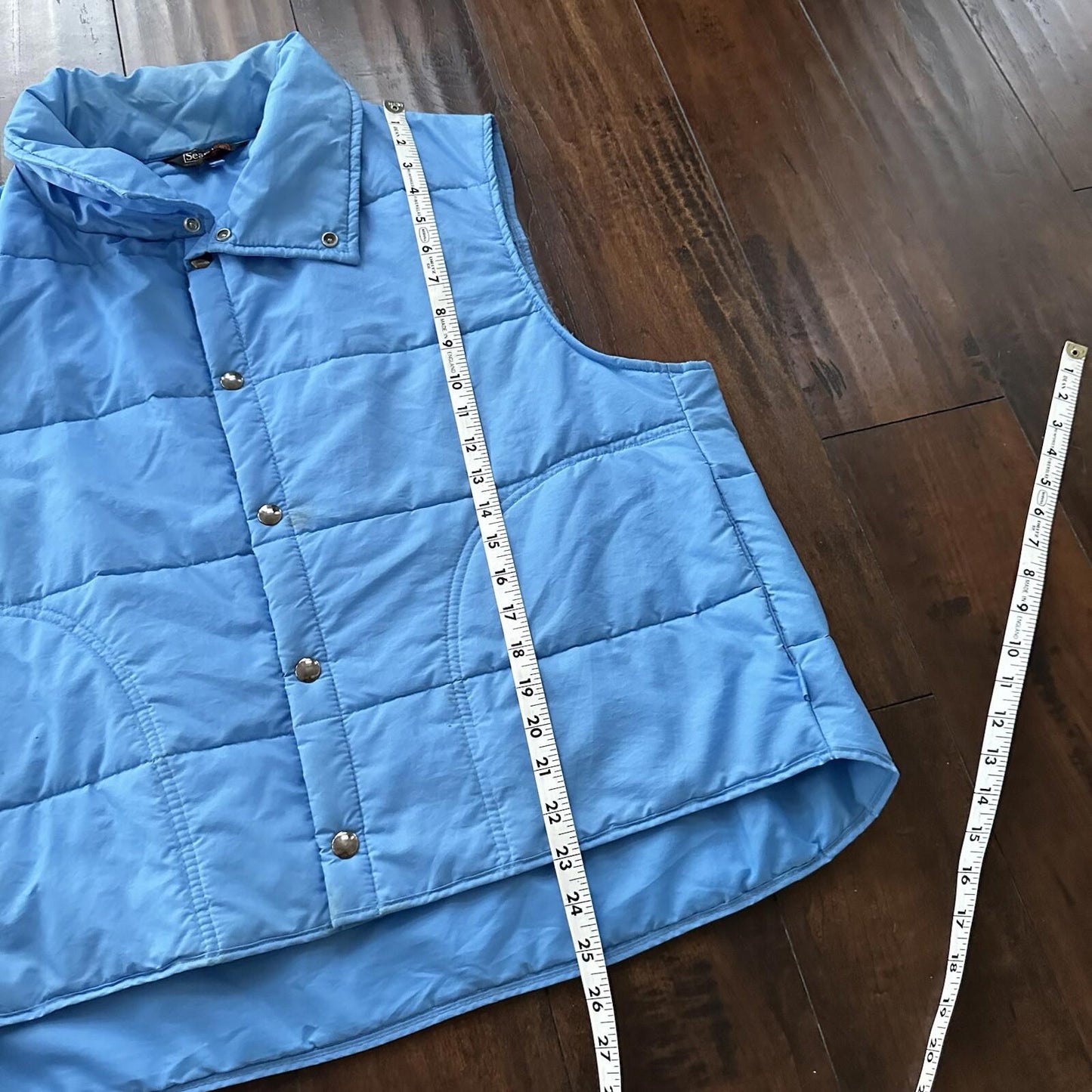 Vtg Sears Western Outdoor Wear Puffer Vest Snap Baby Blue 70s 80s Boxy XL