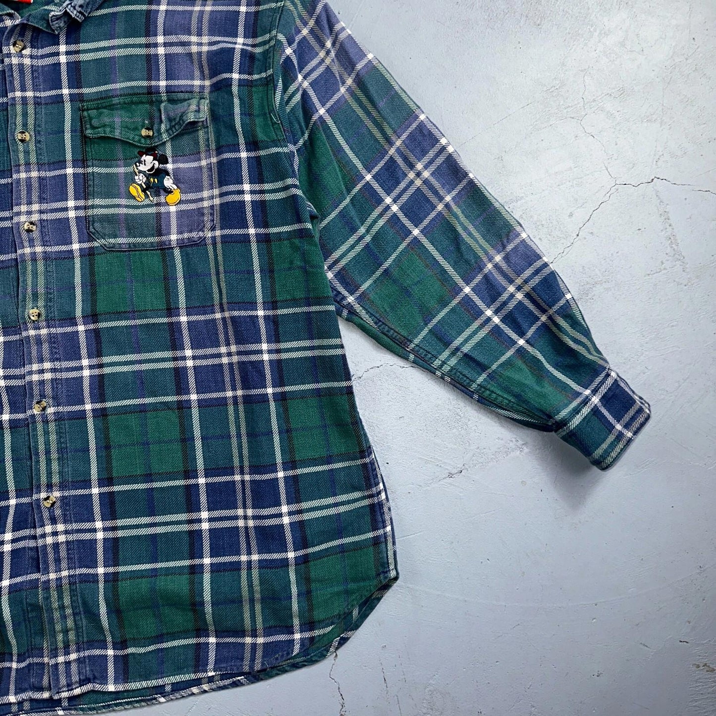 Vintage 90s Disney Mickey 2XL Blue Green Plaid Flannel Shirt Embroidered Pocket