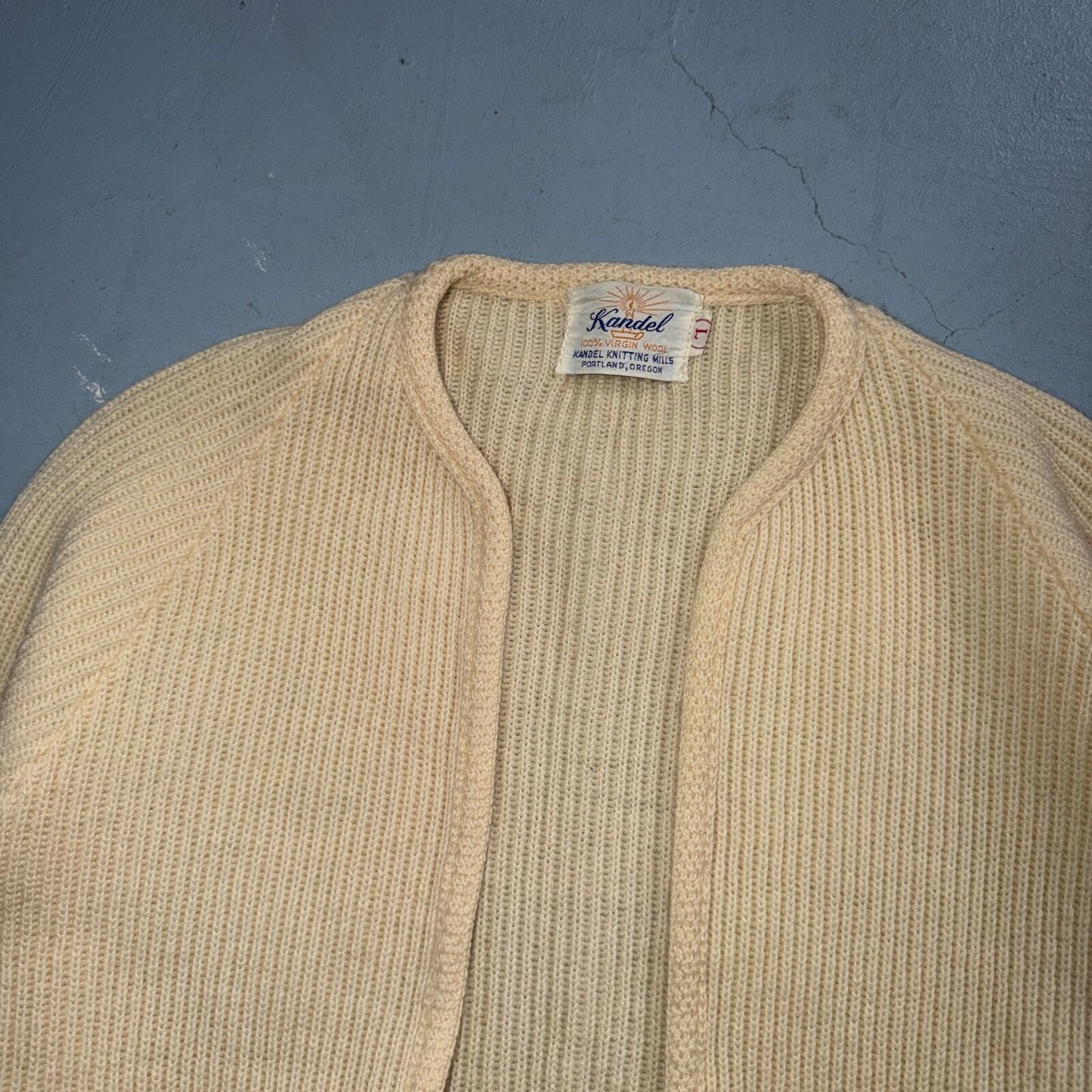 VTG 50s Kandel Oregon Woolen Mills Open Front Wool Sweater Cardigan Rockabilly L
