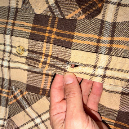 VTG 70s Big Mac Penneys Plaid Flannel Shirt Brown Tan Cotton Tall M USA Made