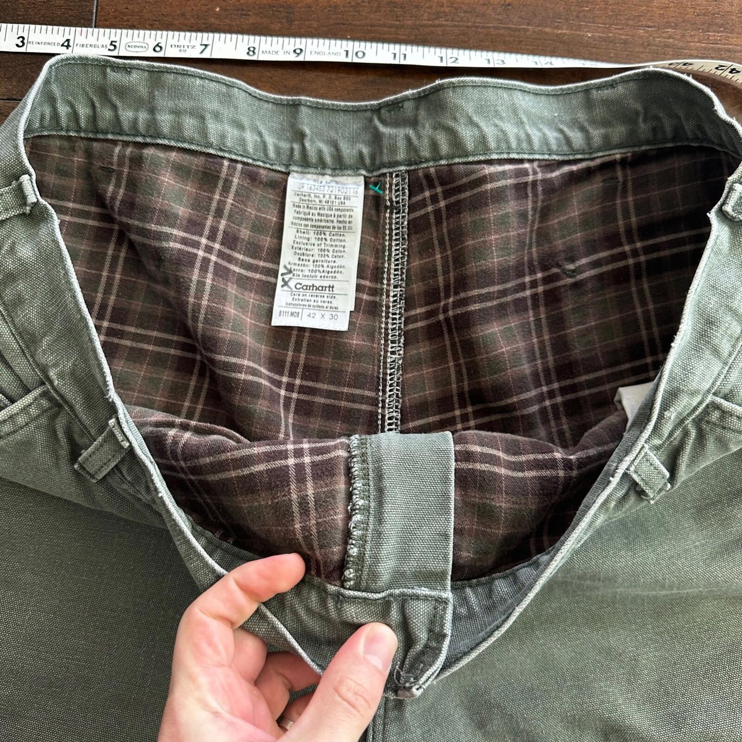 Carhartt Pants Men's 42X30 Flannel Lined Washed Duck VTG Fit B111-MOS Green