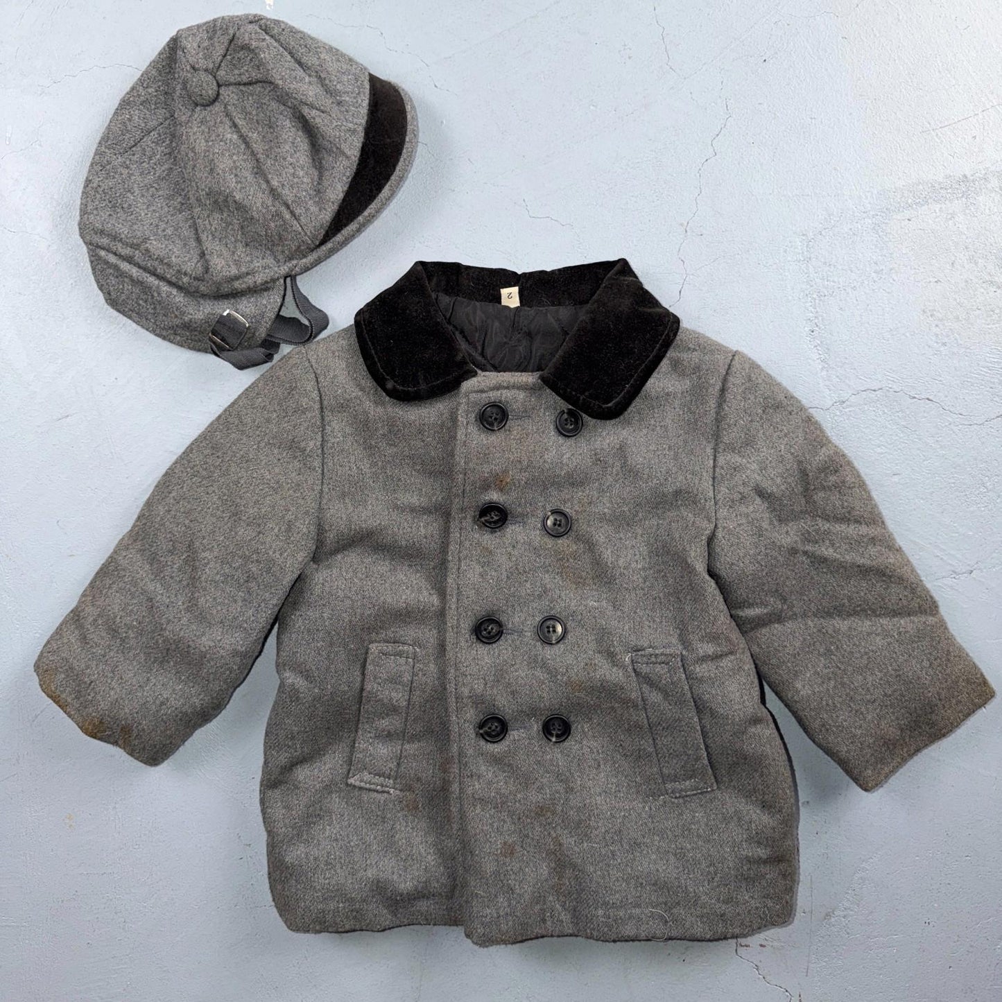 Union Made 1960s Double Breasted Coat Jacket Black Wool 2T Size 2 Toddler Hat