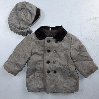 Union Made 1960s Double Breasted Coat Jacket Black Wool 2T Size 2 Toddler Hat