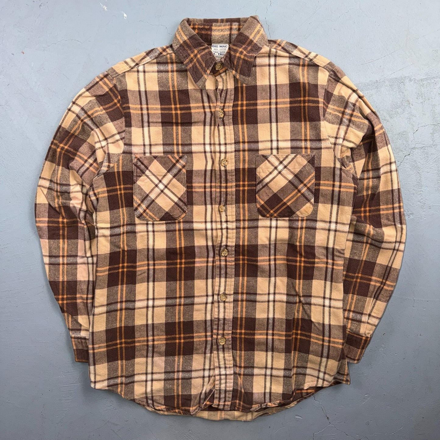 VTG 70s Big Mac Penneys Plaid Flannel Shirt Brown Tan Cotton Tall M USA Made