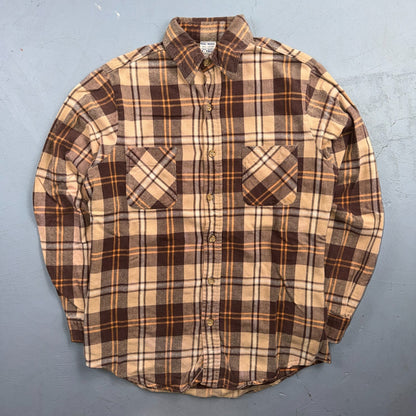 VTG 70s Big Mac Penneys Plaid Flannel Shirt Brown Tan Cotton Tall M USA Made