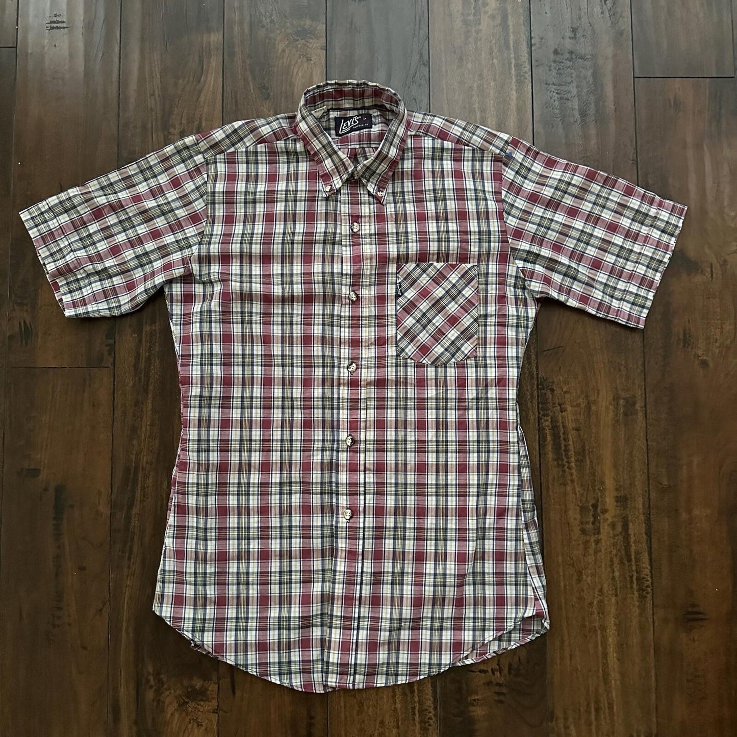Vintage 70s Levis Mens Shirt M Tapered Fit blue Red Plaid Button Up 80s Big E