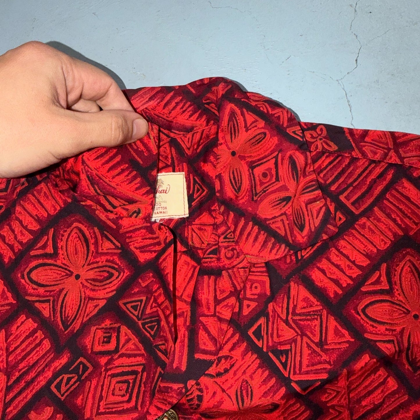 VTG 60s Ui-Maikai Hawaiian Aloha Shirt Red Black Tiki Floral Made In Hawaii M