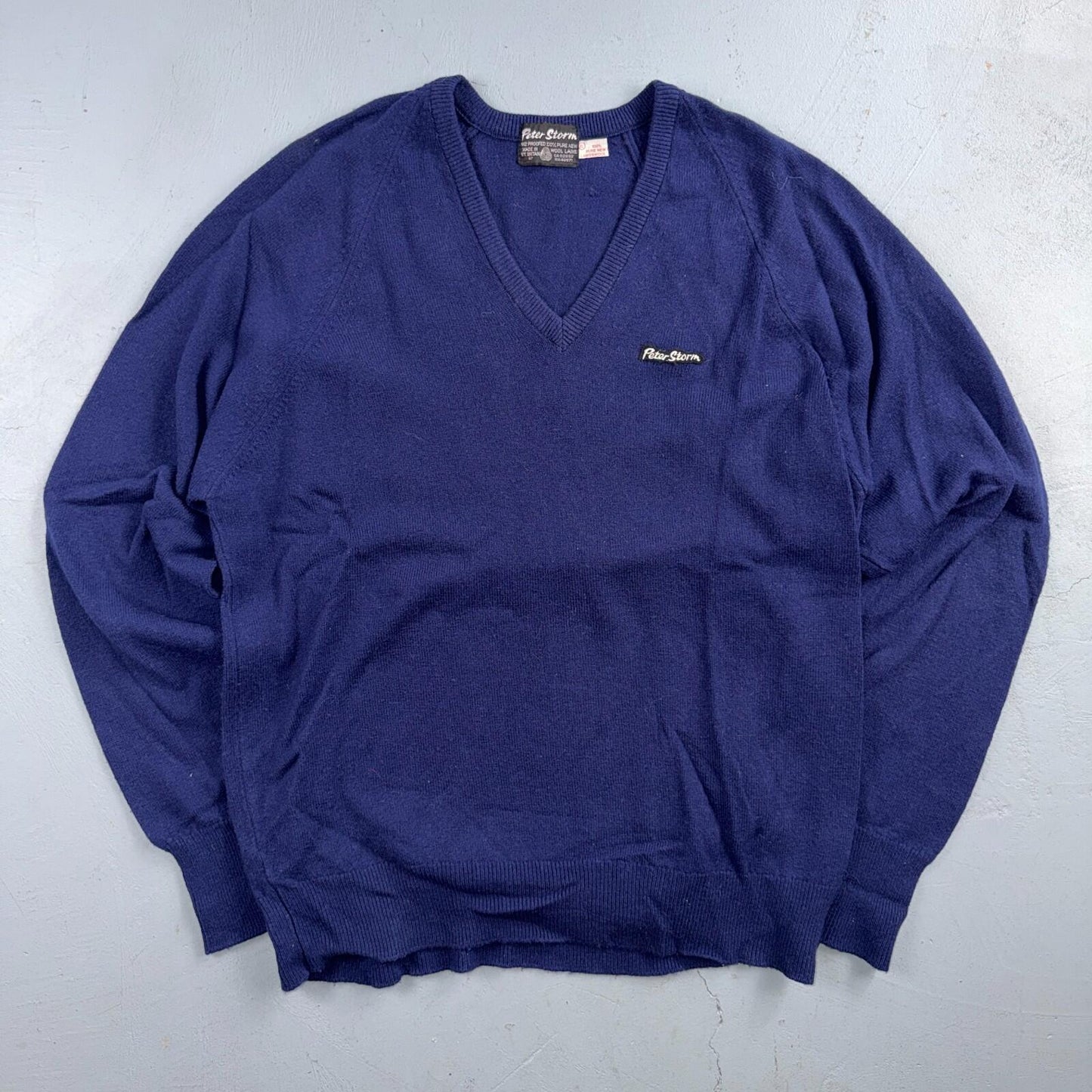 Vintage 70s Peter Storm Sweater Mens XL Navy Blue V Neck Pure Wool Knit