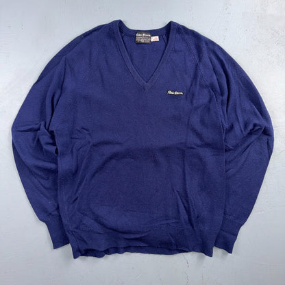 Vintage 70s Peter Storm Sweater Mens XL Navy Blue V Neck Pure Wool Knit