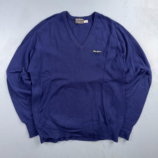 Vintage 70s Peter Storm Sweater Mens XL Navy Blue V Neck Pure Wool Knit
