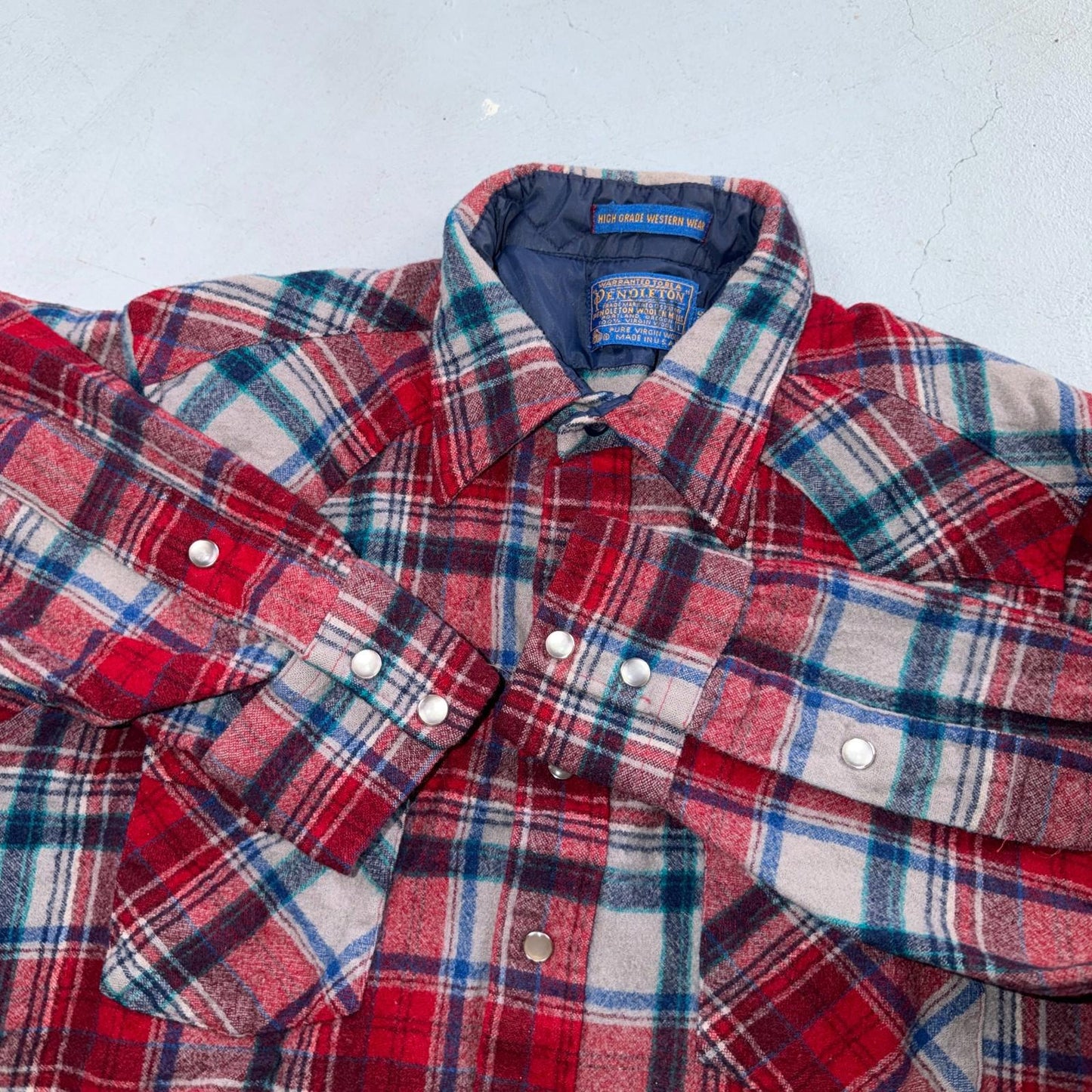 Pendleton VTG 100% Virgin Wool Western Plaid Shirt Pearl Snap Red High Grade
