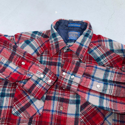 Pendleton VTG 100% Virgin Wool Western Plaid Shirt Pearl Snap Red High Grade