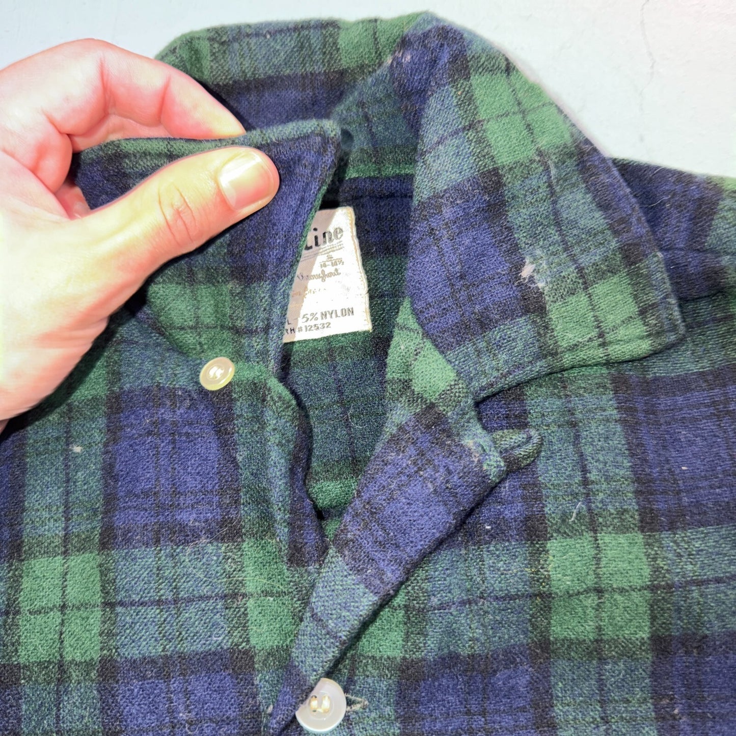 VTG 60s Golden Line Blackwatch Plaid Wool Shirt Loop Collar Rockabilly Japan