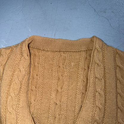 Vintage 1970s Wool Cardigan Sweater Mens M Button Up Beige Tan 70s Fisherman