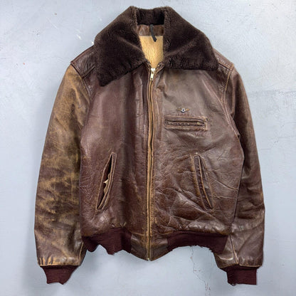VTG WWII Horsehide Leather Zip Up Bomber Jacket Fur Collar 40s 50s A2 Civilian