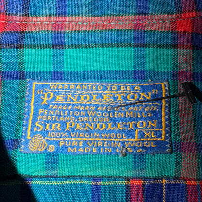 Pendleton VTG USA Made Virgin Wool BF LS Flannel Blue Red Turquoise Sz XL