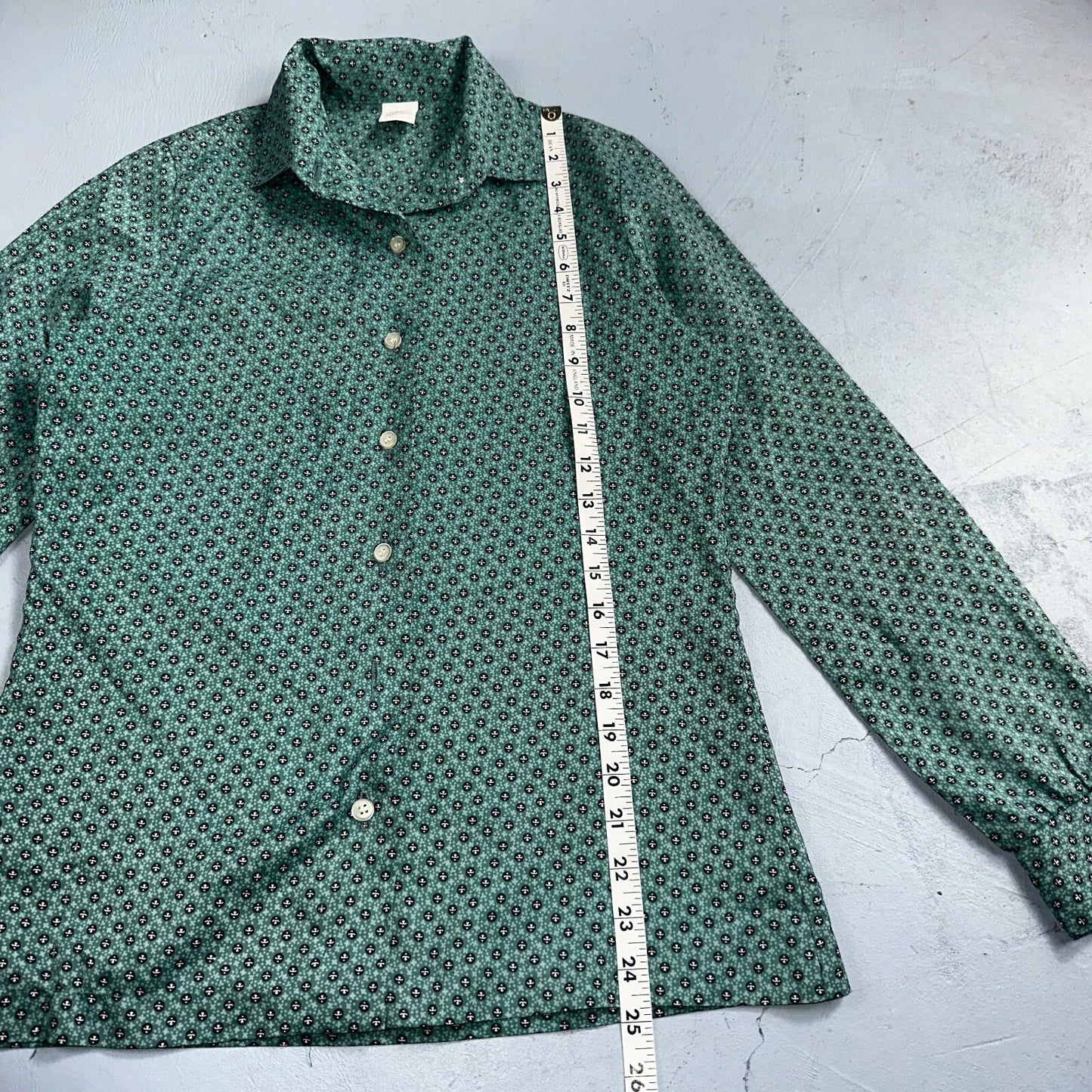VTG 60s Jantzen Womens Top 12 Green Button Long Sleeve Shirt Flowers USA