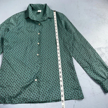 VTG 60s Jantzen Womens Top 12 Green Button Long Sleeve Shirt Flowers USA