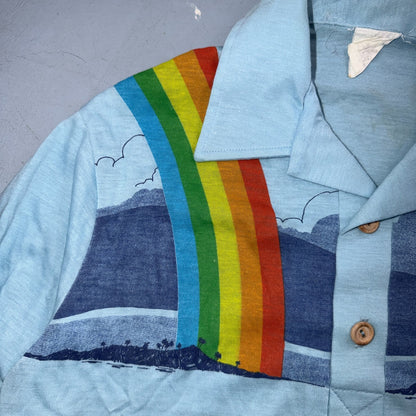 VTG 70s Wave Rainbow Landscape Long Sleeve Collared Polo Shirt Hawaii Aloha 80s