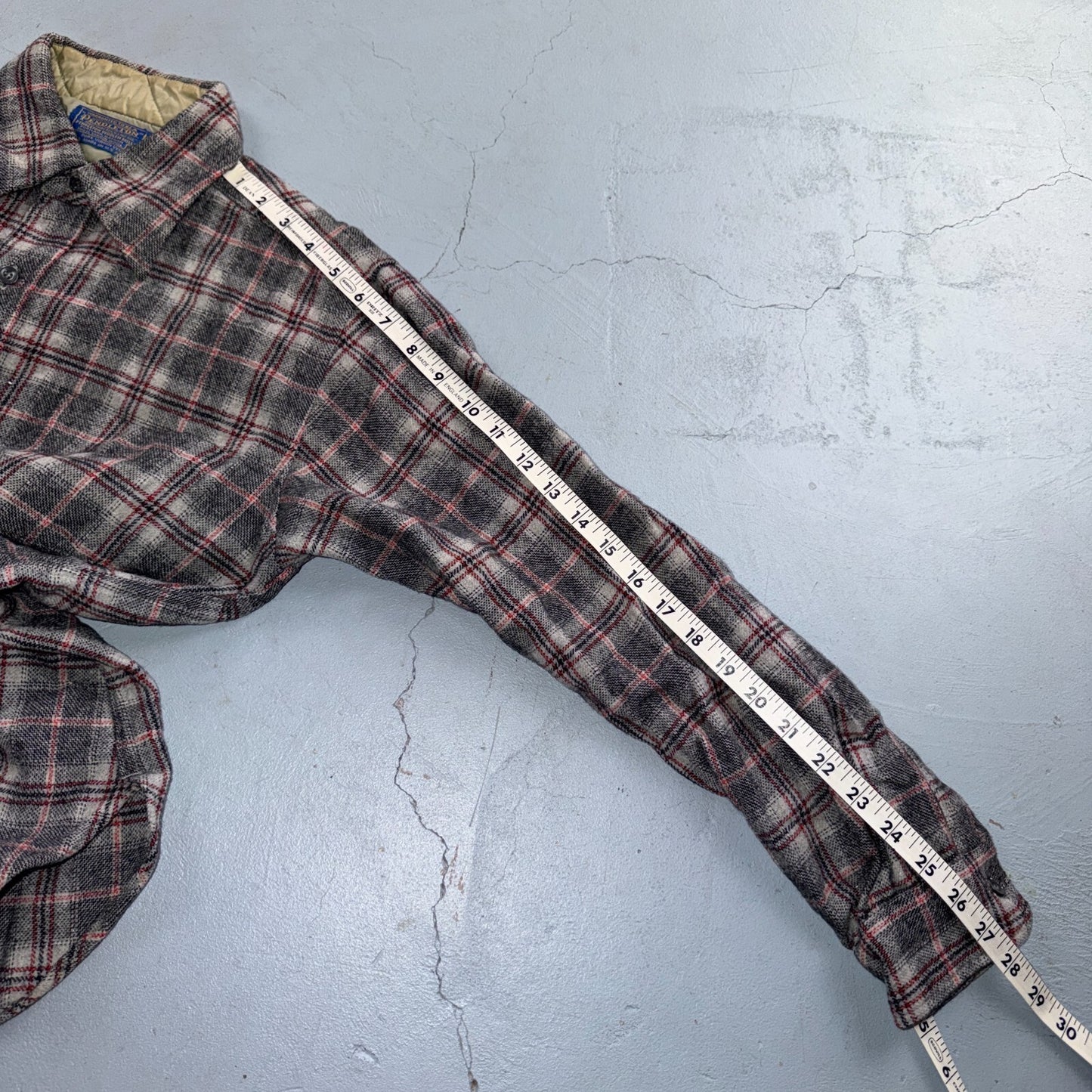 VTG 70s Pendleton Wool Flannel Shirt Jacket Gray Red Plaid USA Made M Rockabilly