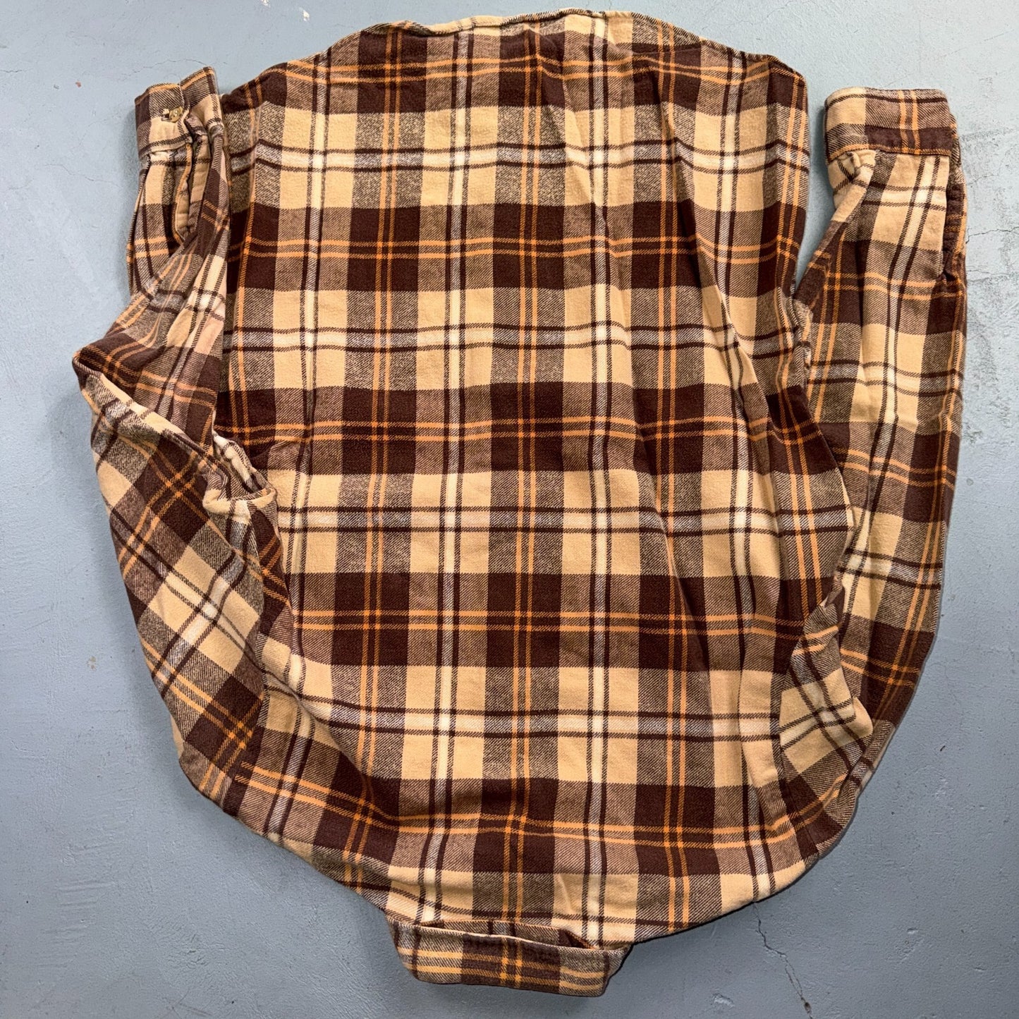VTG 70s Big Mac Penneys Plaid Flannel Shirt Brown Tan Cotton Tall M USA Made