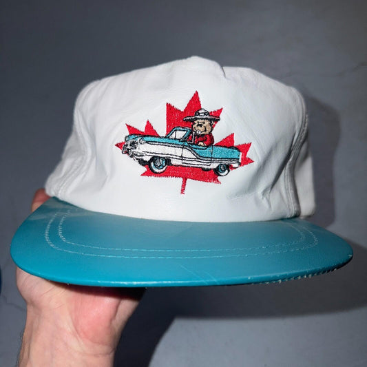Canada Leather VTG Hat Baseball Cap Snapback Buck Cadillac Flag Rare Cartoon 80s
