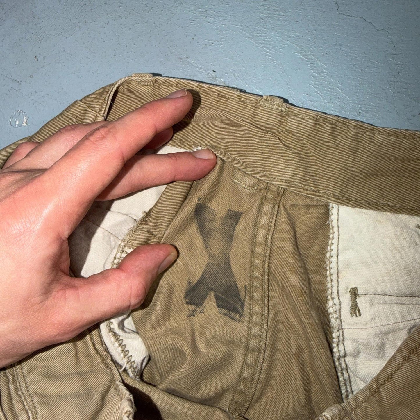 VTG 40s WWII Button Fly Cotton Military Trousers Chino Khaki Distressed 28x31