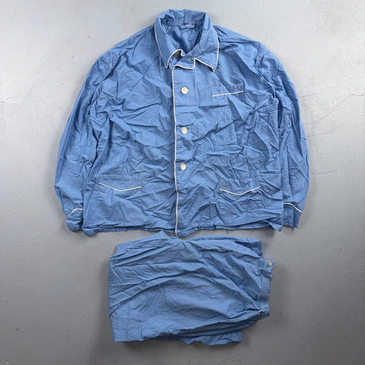 Vintage 50s 60s Blue Sanforized Sleepwear Pajamas Pair Pants Top Cotton Solid