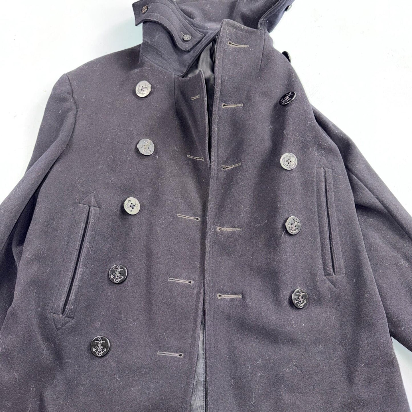 Vintage 40s WWII US Naval Clothing Factory 10 Button Navy Wool PeaCoat Military