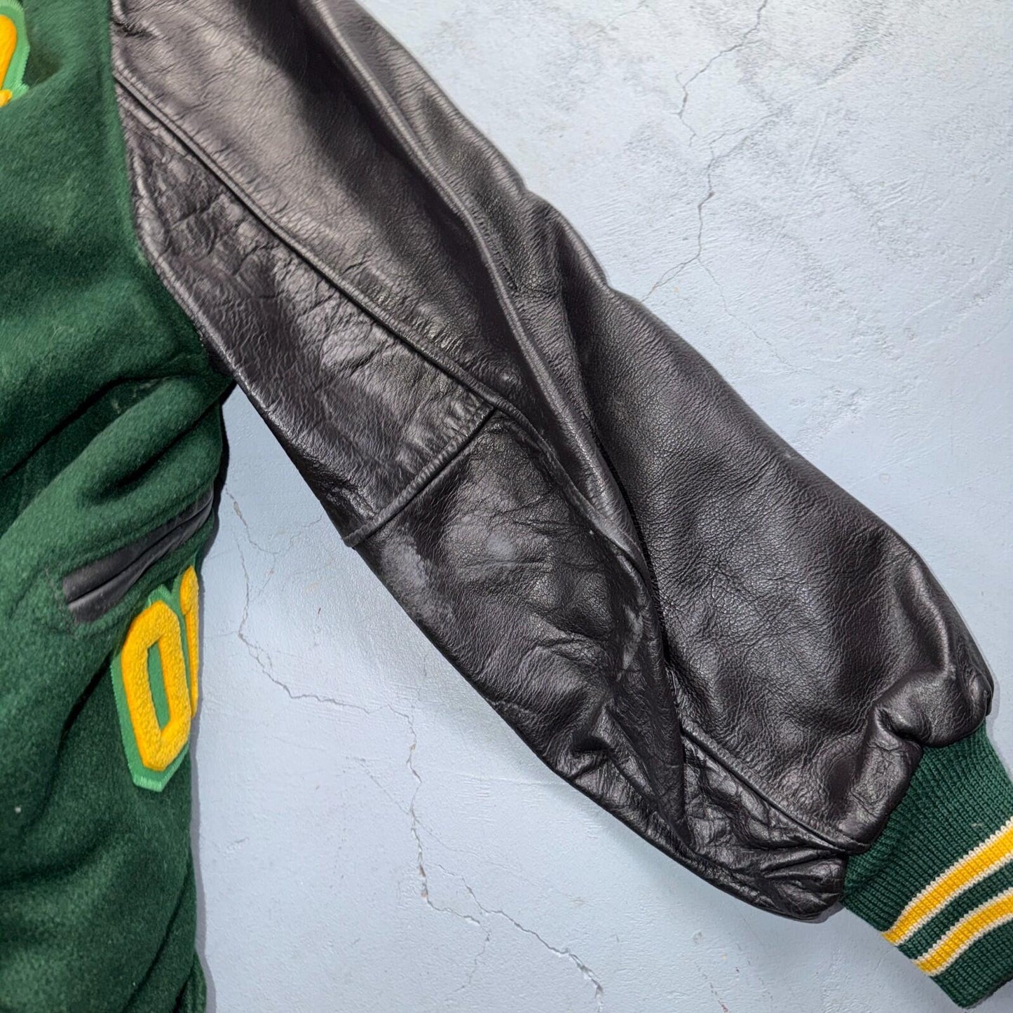 Varsity Jacket 44 VTG Green Bomber Wool Leather Evergreen Plainsmen Chainstitch