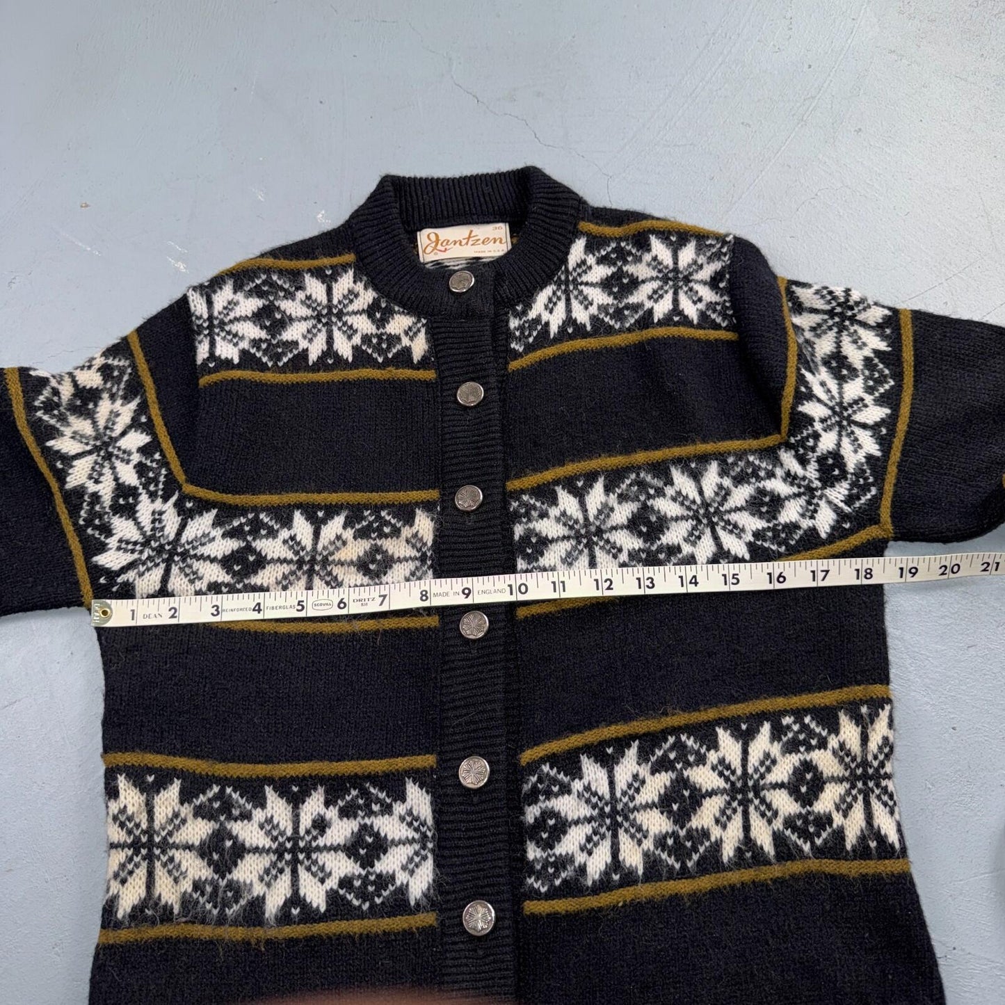 Jantzen Vintage Sweater Pullover Patterned Black Cardigan Size 36 Made USA 60s