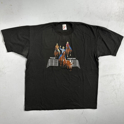 Horses Cowboy VTG T Shirt Team Penning Cows Farm America Jerzees XL Black USA