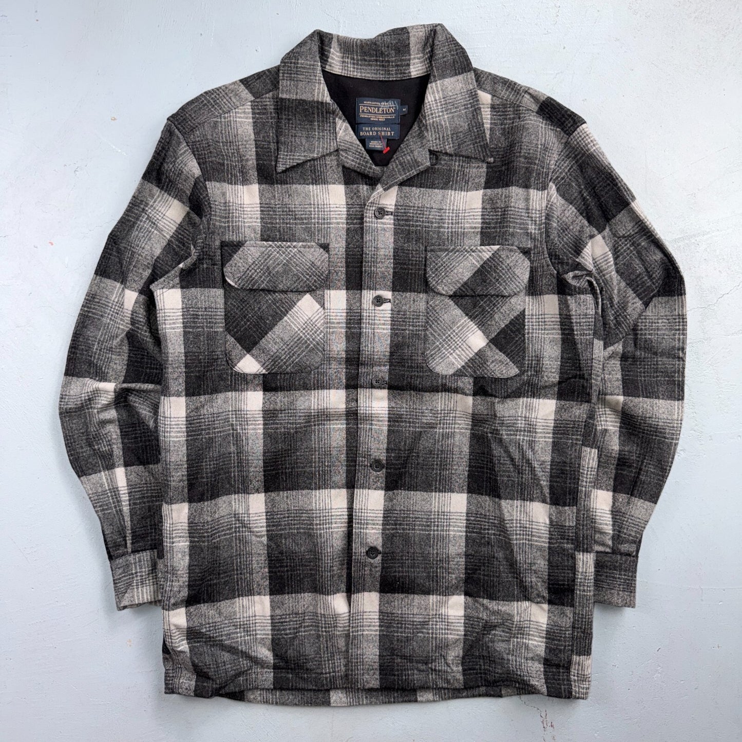 Pendleton Board Shirt Gray Black Plaid Wool Flannel USA Fabric Loop Collar M