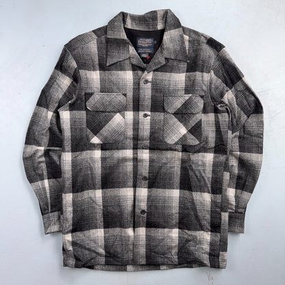 Pendleton Board Shirt Gray Black Plaid Wool Flannel USA Fabric Loop Collar M